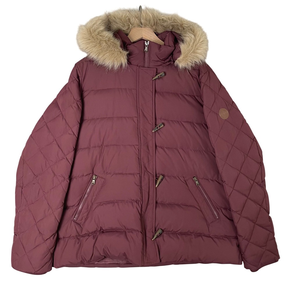 Lauren Ralph Lauren Down Jacket Womens XL Burgundy Faux Fur Hood Puffer Coat